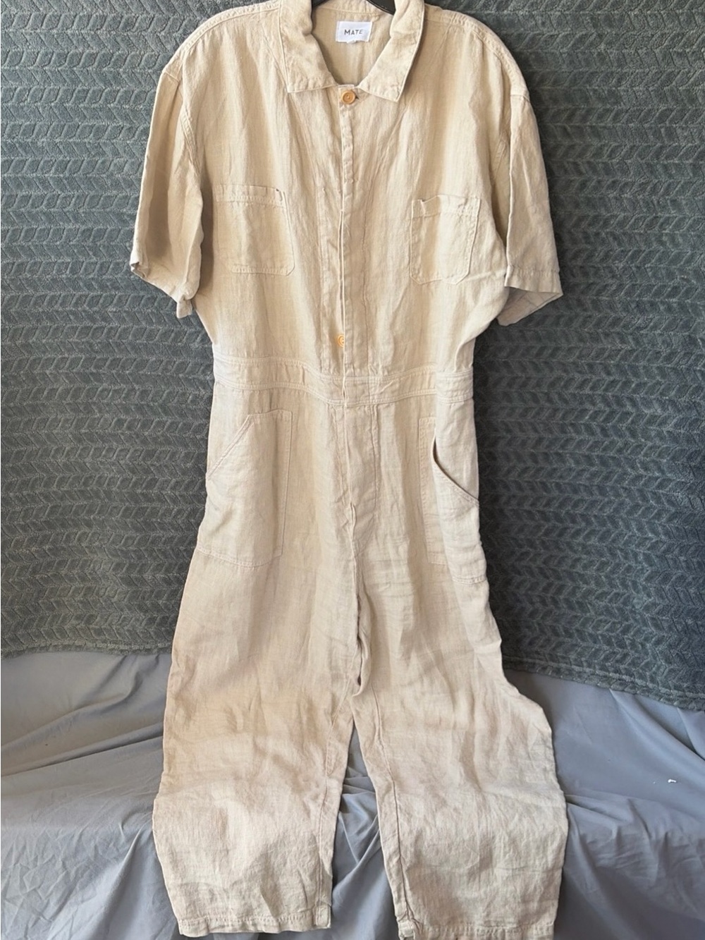 MATE the Label Linen Jumpsuit Womens XL Tan Short Sleeve Neutral Utility Boho